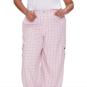 FOREVER 21 Pink Plaid Wide Leg Cargo Pants 1X Academia Preppy Barbiecore